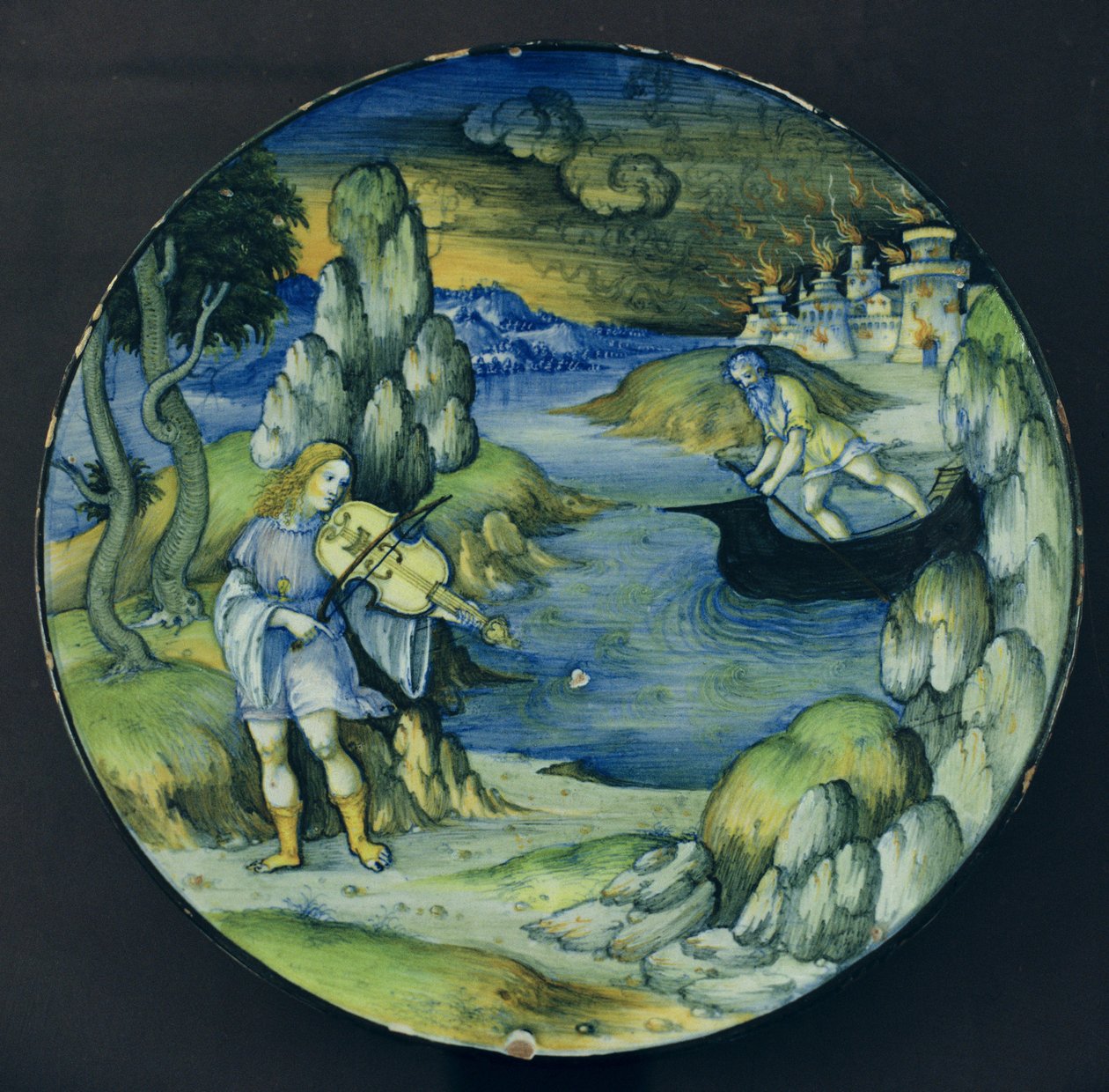 Orfeusz és Charon, Maiolika tányér, 1515 körül (kerámia) alkotó: Nicolò Pellipario