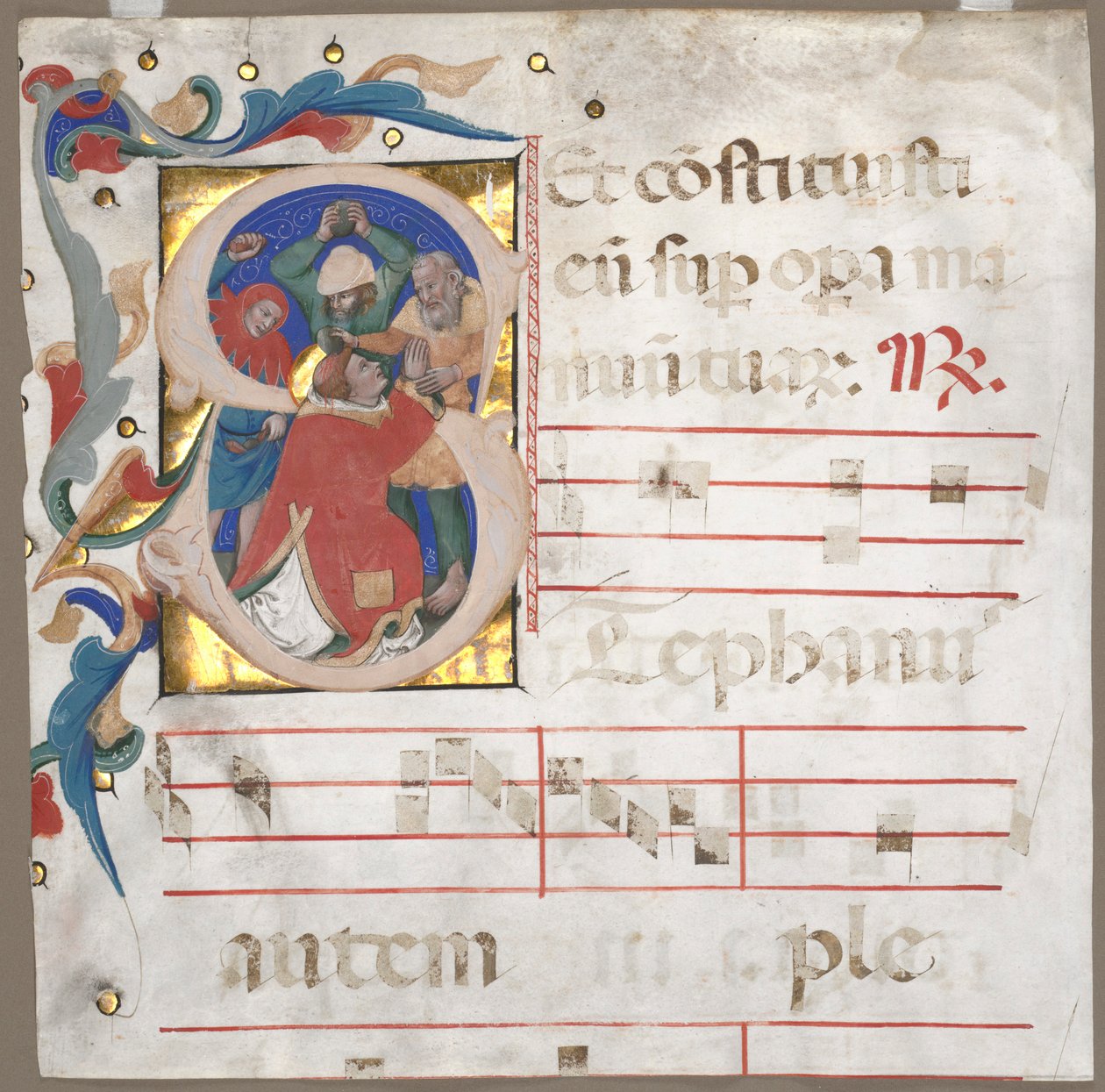 Egy antifónia töredéke historiált S iniciáléval: Szent István megkövezése, c. 1370-1372. alkotó: Nicolò da Bologna