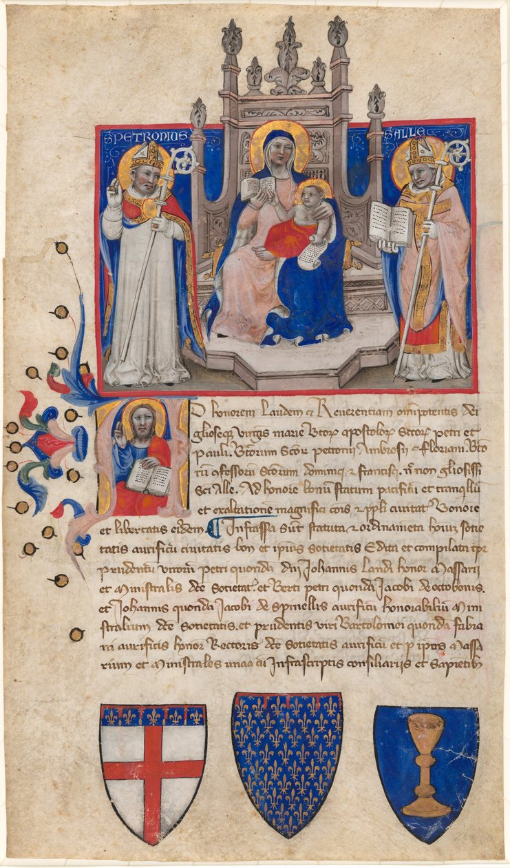 Madonna és a Szentek Petronius és Alle (Eligius) között trónoló gyermek; Krisztus a kezdőbetűben A alkotó: Nicolò da Bologna