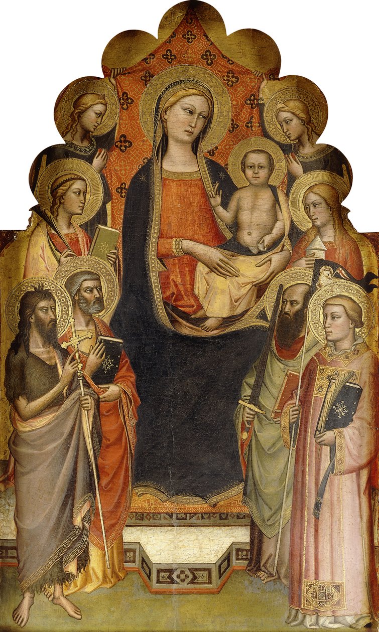 A Madonna és a gyermek, aki Keresztelő Jánossal, Péterrel, Mária Magdolnával, Pállal és Istvánnal trónol, egy női vértanú Szent és Angyalok, alkotó: Nicolò di Pietro