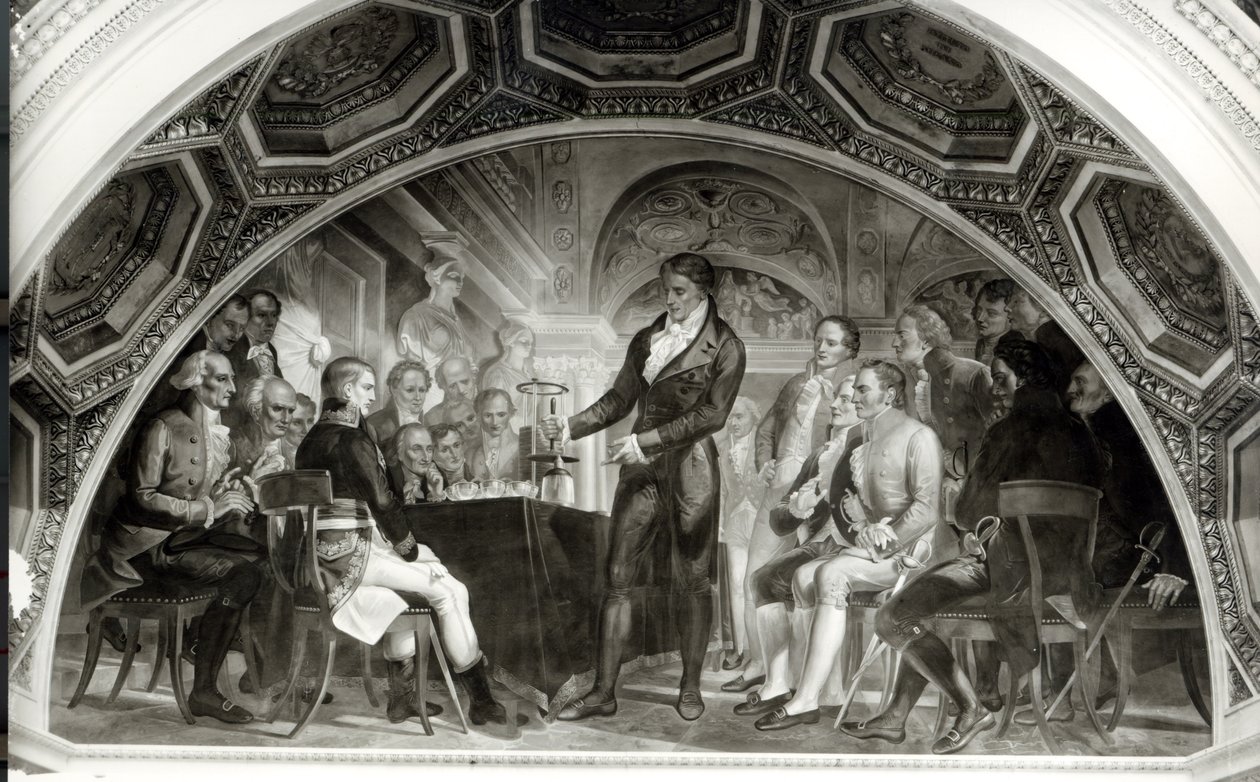 Galilei pere (1564-1642). Alessandro Volta (1745-1827) az elektromos akkumulátorral végzett kísérleteit mutatta be Napóleonnak (1769-1821), alkotó: Nicola Cianfanelli