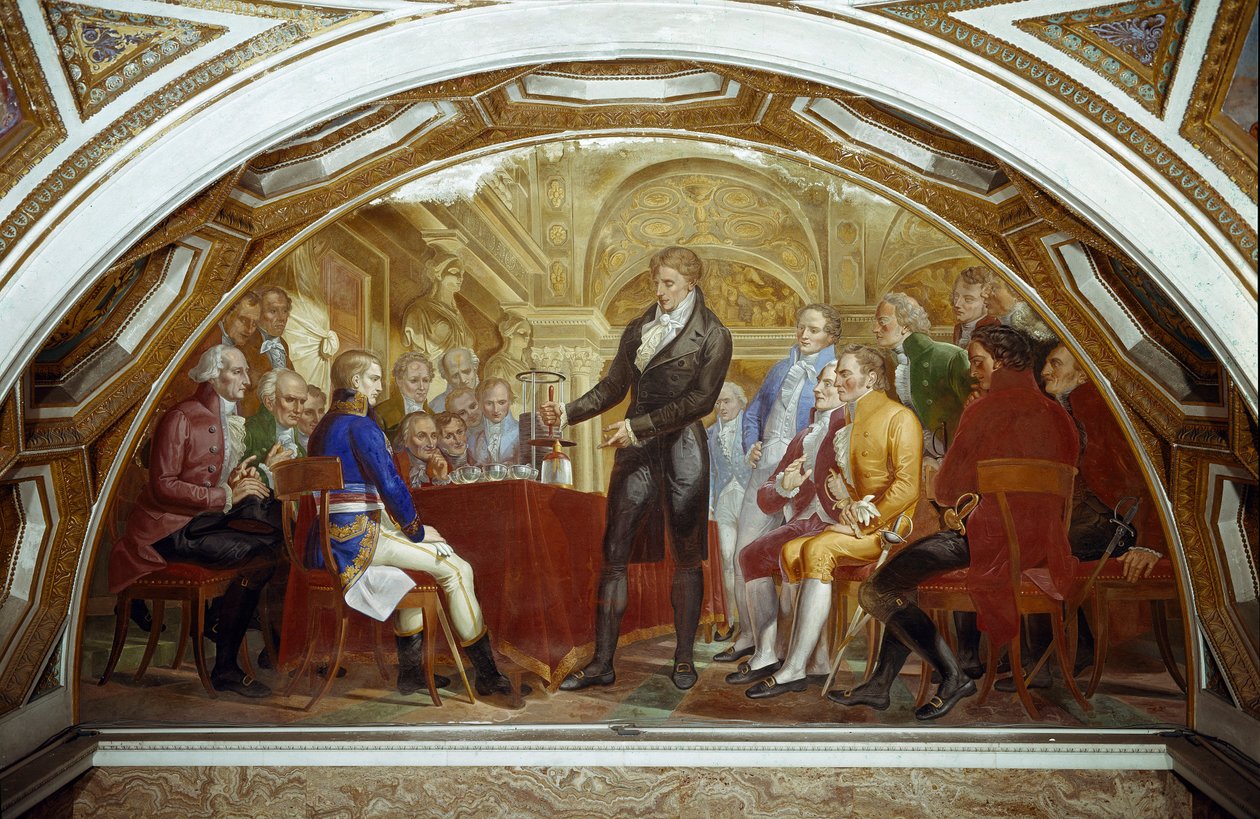 Alessandro (Alexandre) Volta (1745-1827) 1801-ben bemutatta Bonaparte Napóleon (1769-1821) konzulnak az Institut National de France-ban kísérleteinek eredményeit, amelyek lehetővé tették számára a francia tudósok által a Derriere Napoleon elektromos akkumu alkotó: Nicola Cianfanelli