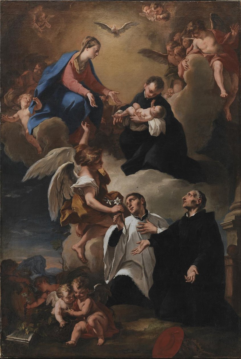 A Szentlélek, az Angyalok és a Szűz Szent Márk, Stanislau Kostka (A gyermeket ölelő), Aloysius Gonzaga és Francesco Borgia alkotó: Nicola Grassi