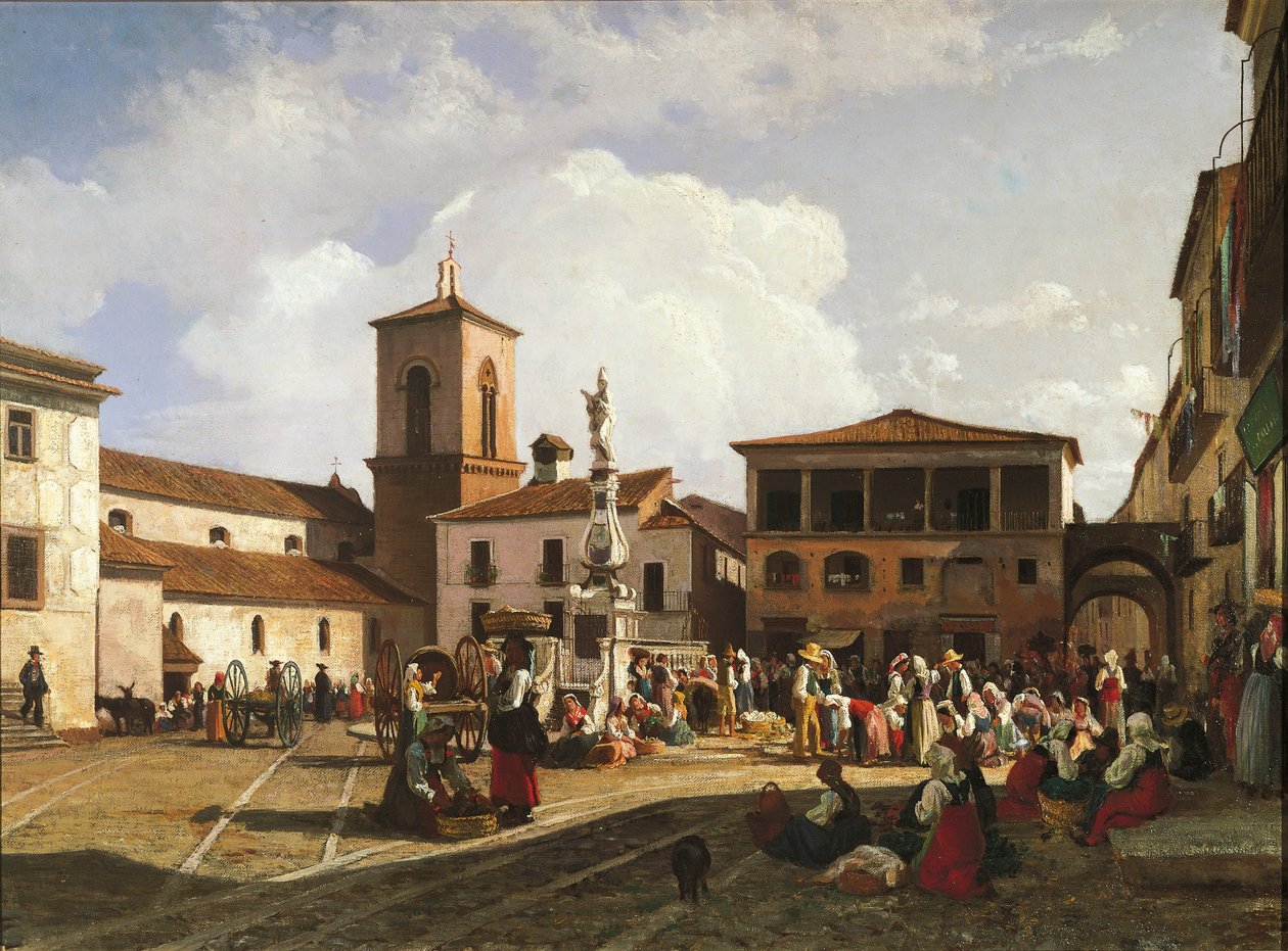 Benevento (Campania régió), Orsini tér a székesegyház harangtornyával és az Orsini pápának szentelt szökőkúttal (olaj, vászon) alkotó: Nicola Palizzi