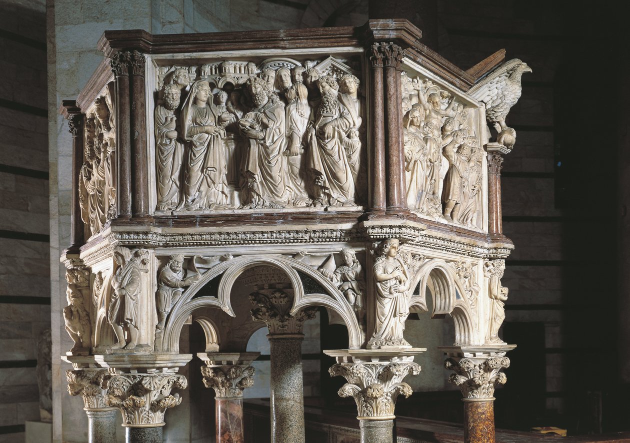 Olaszország, Toszkána, Pisa, Piazza dei Miracoli, Szent János-keresztelőkápolna, Nicola Pisano szószék alkotó: Nicola Pisano