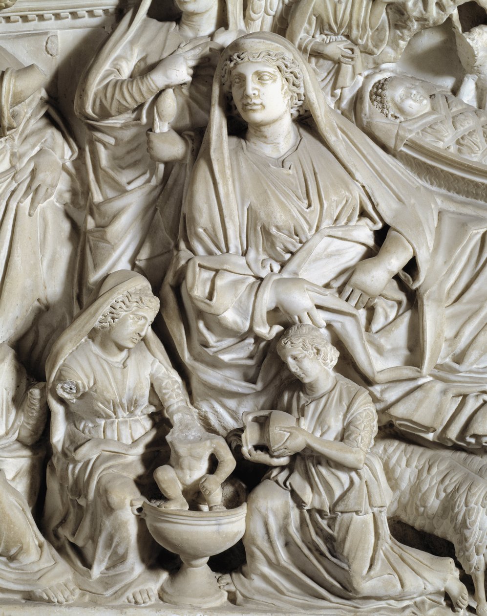 La nativite (betlehemes) Részletek A széket Nicola Pisano készítette (1215 / 20-1278 / 84) (Márvány szószék) 1260 Pisai Szent János keresztelő (Battistero san Giovanni di Pisa), Olaszország alkotó: Nicola Pisano