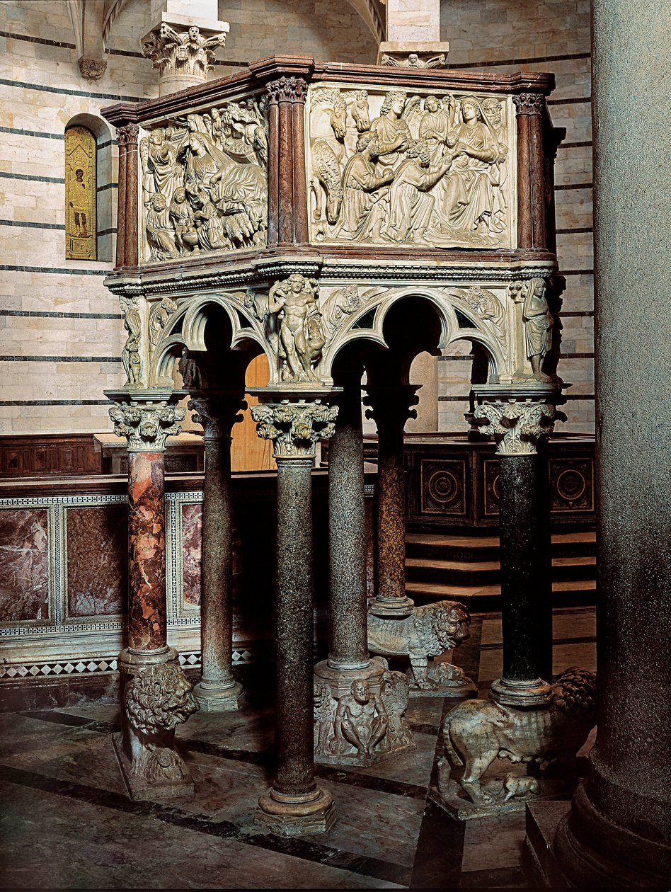 Márvány szószék egy templomban, a pisai keresztelőkápolnában 1260 (alacsony dombormű) alkotó: Nicola Pisano