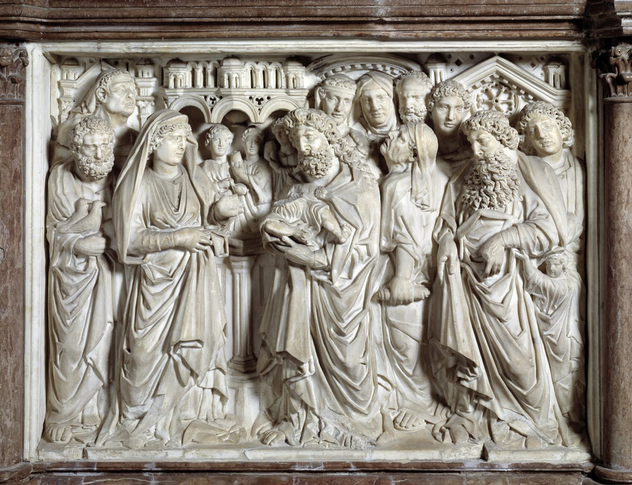 Jézus bemutatása a templomban (Jézus bemutatása a templomban) A széket Nicola Pisano készítette (1215/20-1278/84) (Márvány szószék) 1260 Pisai Szent János keresztelő (Battistero san Giovanni di Pisa), Olaszország alkotó: Nicola Pisano