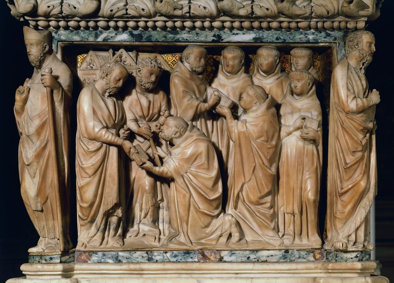 Péter és Pál apostolok megjelennek Szent Domonkosnak, díszítő dombormű az Arca di San Domenicoból, Nicola Pisano és műhelye, márvány, San Domenico kápolna, San Domenico bazilika, Bologna, Emilia-Romagna, Olaszország alkotó: Nicola Pisano