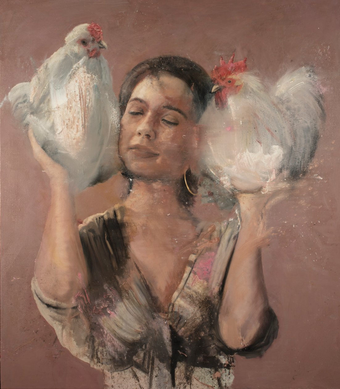 Lány kakasokkal, 2018 (olaj, vászon) alkotó: Nicola Pucci