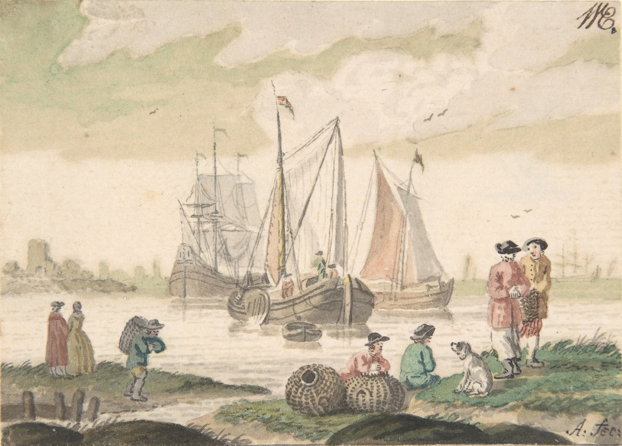 Tengeri táj hét figurával és kutyával, 1733-93. alkotó: Nicolaas Aartman