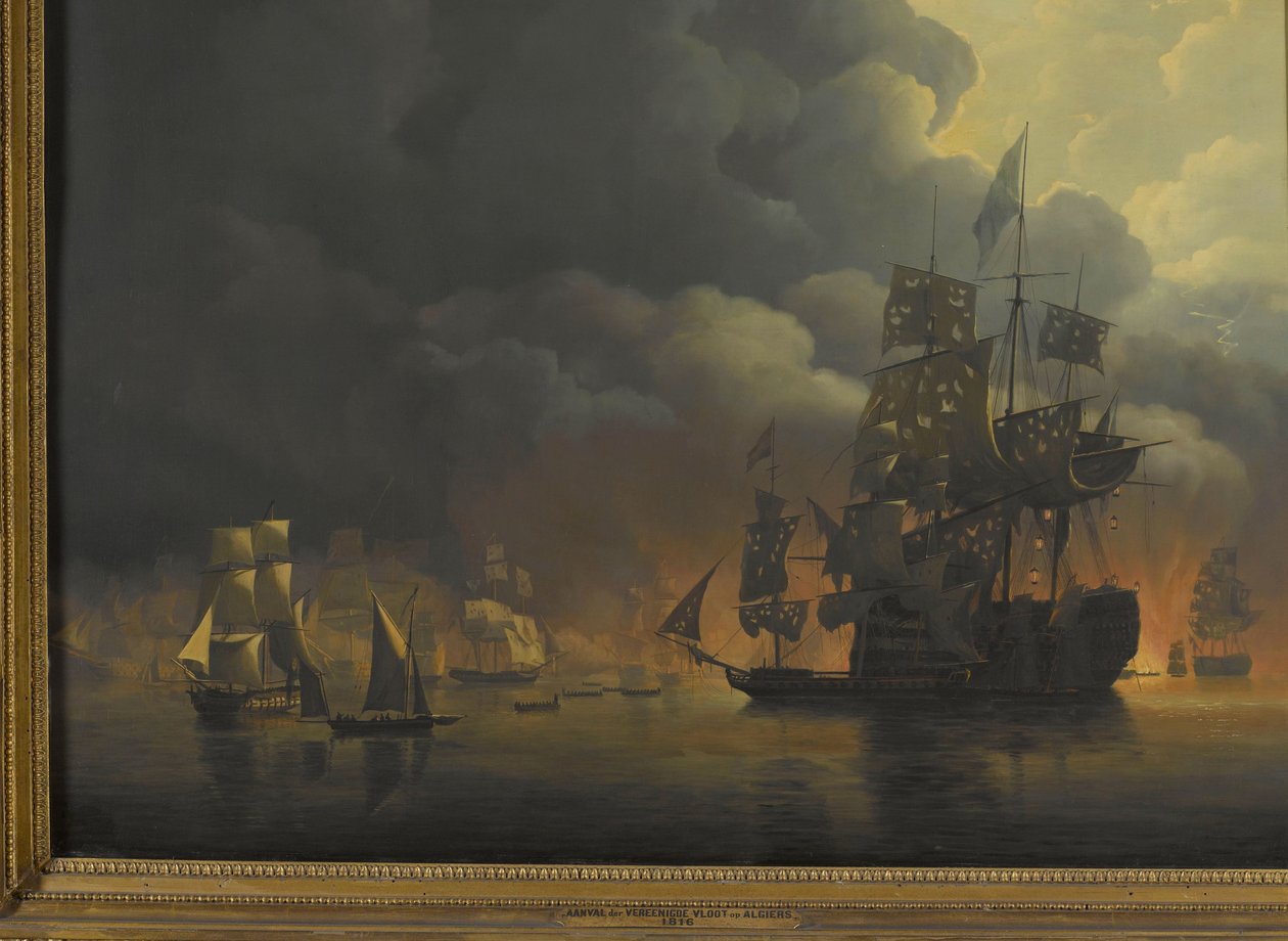 Az angol-holland flotta Lord Exmouth és Jonkheer Theodorus Frederik van Capellen admirális vezetésével kioltják az algériai erődítményeket, 1816. augusztus 27. Négy epizód az angol-holland flotta jelenléte alatt az Algír-öbölben, 1816. augusztus 26-27. alkotó: Nicolaas Baur