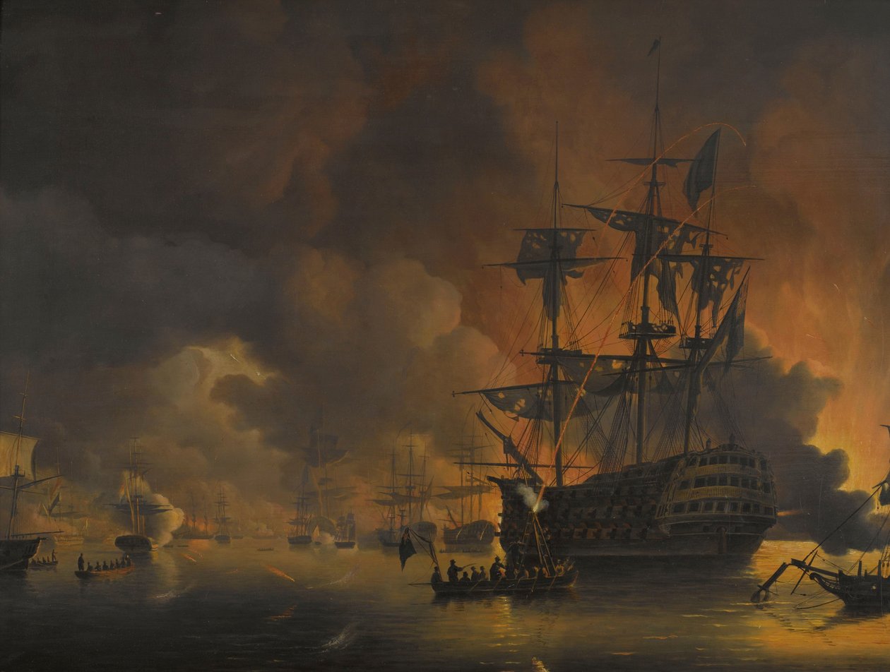 Tűz az algíri rakparton, röviddel az angol-holland flotta bombázásának megkezdése után, 1816. augusztus 27-én Négy epizód az angol-holland flotta jelenléte során az Algír-öbölben, 1816. augusztus 26-27. (sorozat címe) alkotó: Nicolaas Baur