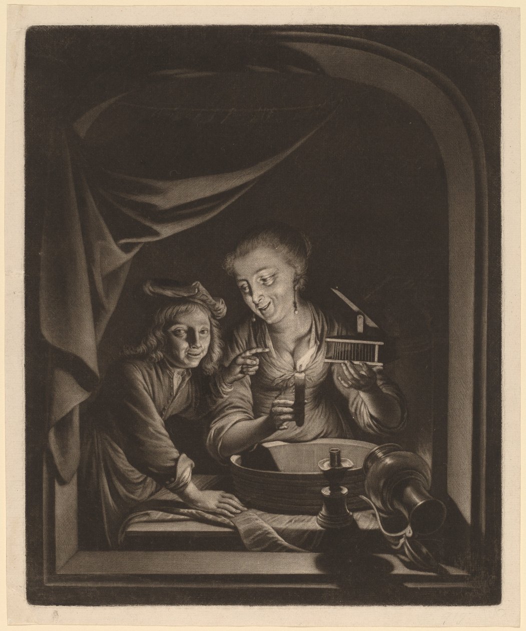 Egérfogóval szolgáló szobalány alkotó: Nicolaas Verkolje after Gerrit Dou