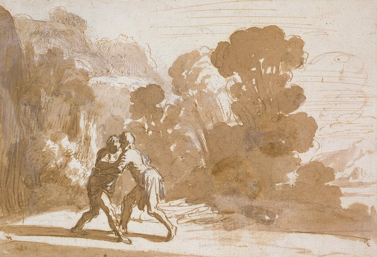 No.3192 Jacob Wrestling with an angyal, 1605-1610 körül (toll és tinta mosással) alkotó: Nicolaes Cornelisz Moeyaert