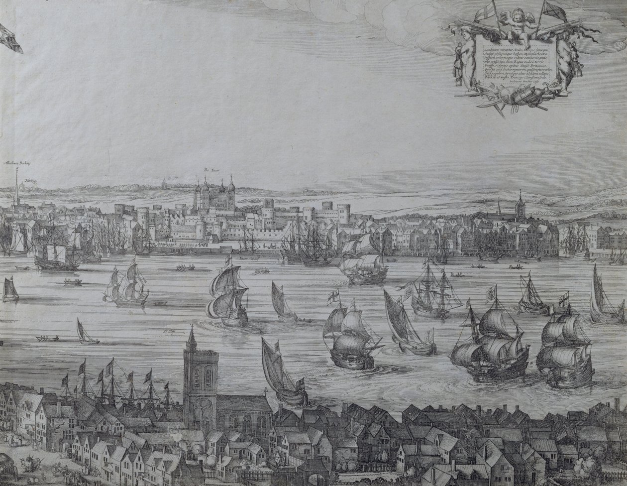 Panoráma Londonról és a Temzéről, negyedik rész, amely a Towert és a St. Olave-templomot mutatja, 1600 körül (lásd még 7214 és 64731-2) alkotó: Nicolaes Jansz Visscher