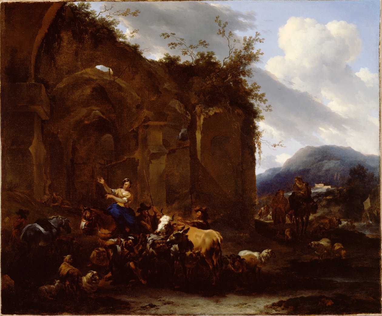 Farmer és parasztok a római romok közelében alkotó: Nicolaes Pietersz. Berchem