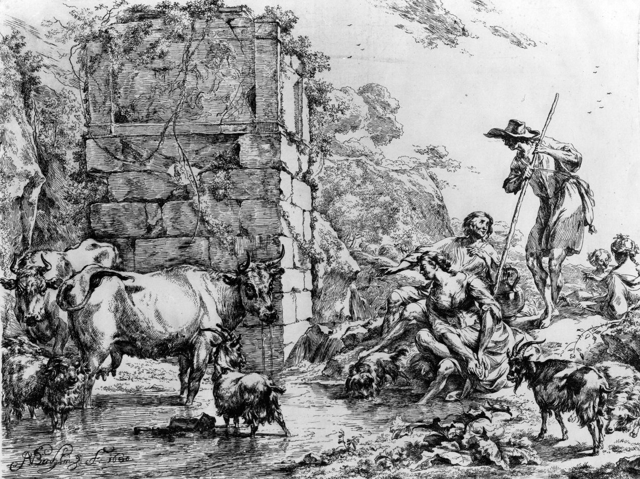 Tehenek és kecskék isznak egy tóban alkotó: Nicolaes Pietersz. Berchem