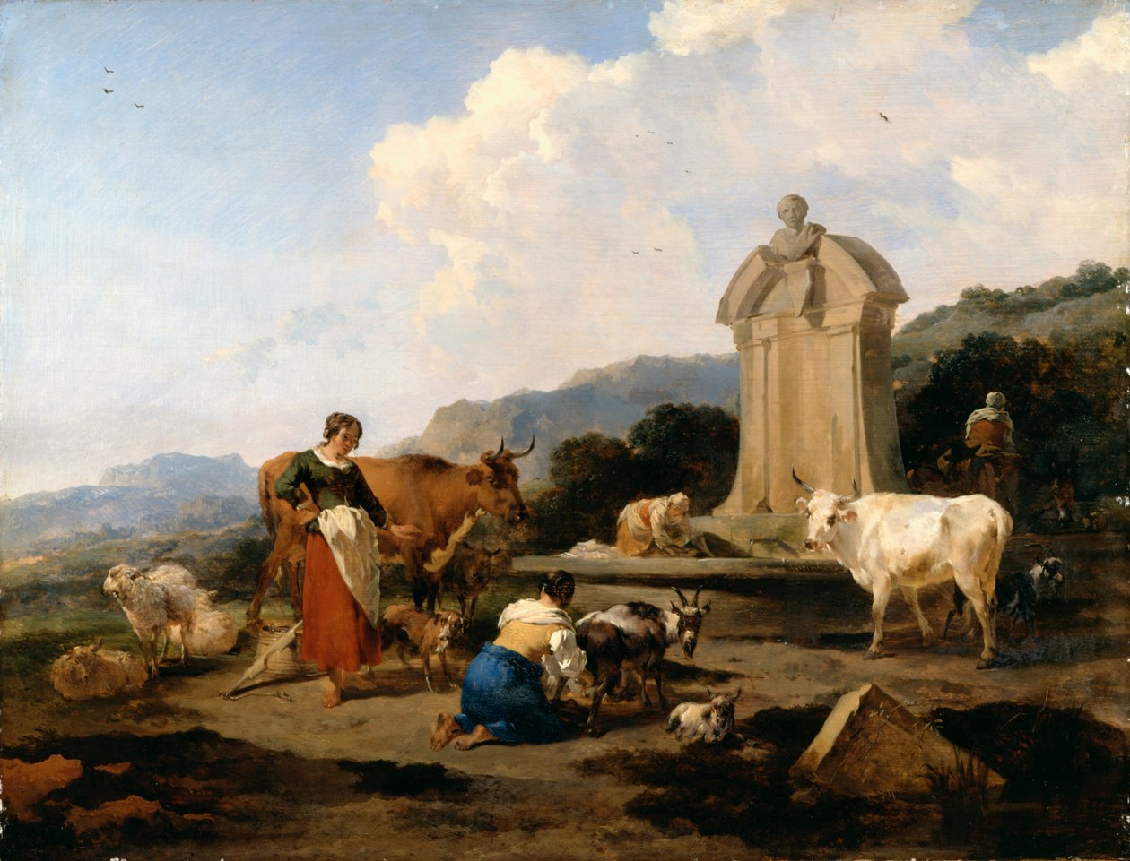 Római szökőkút szarvasmarhákkal és figurákkal (Le Midi) alkotó: Nicolaes Pietersz. Berchem