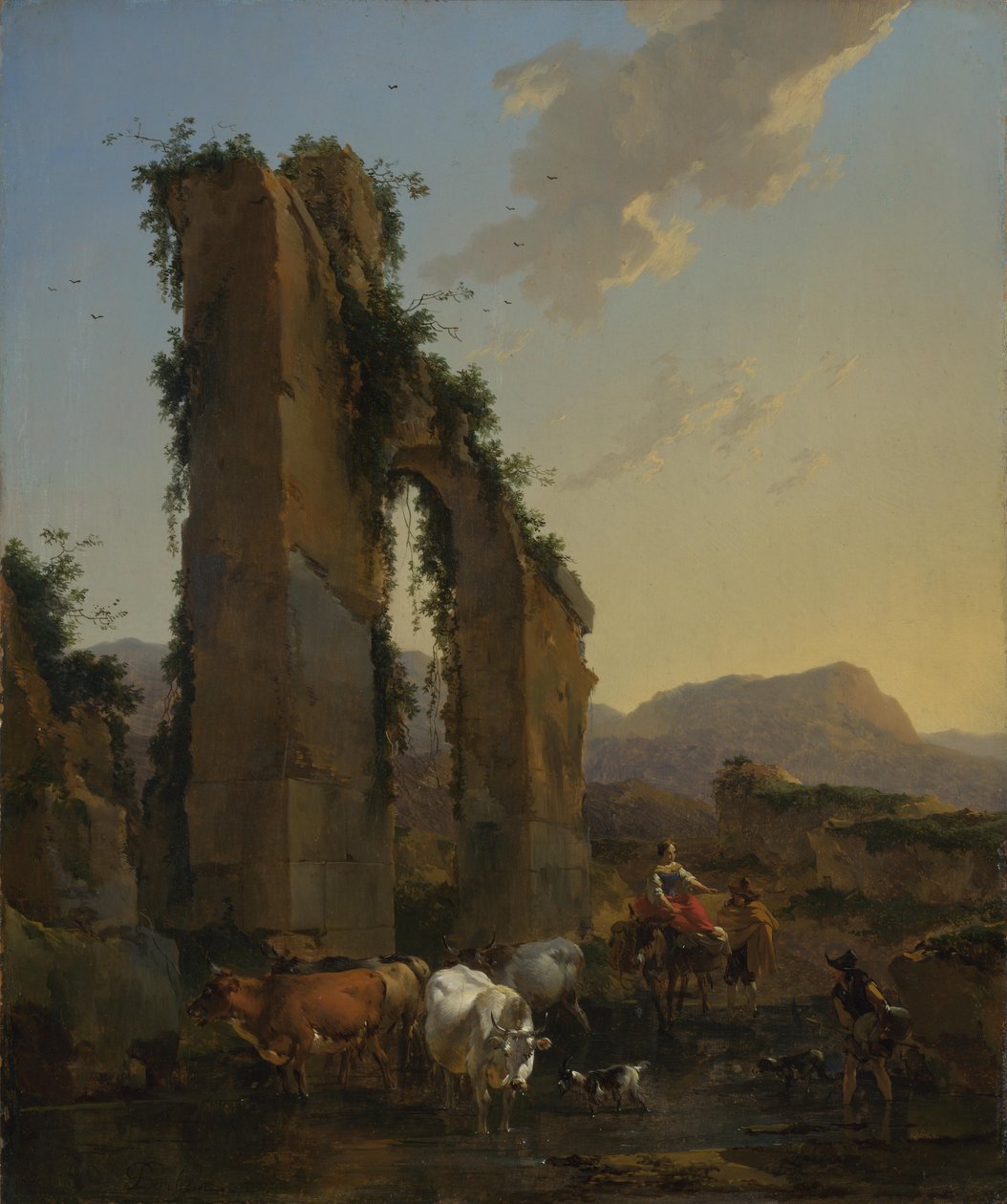 Parasztok szarvasmarhákkal a romlott vízvezeték által. alkotó: Nicolaes Pietersz. Berchem