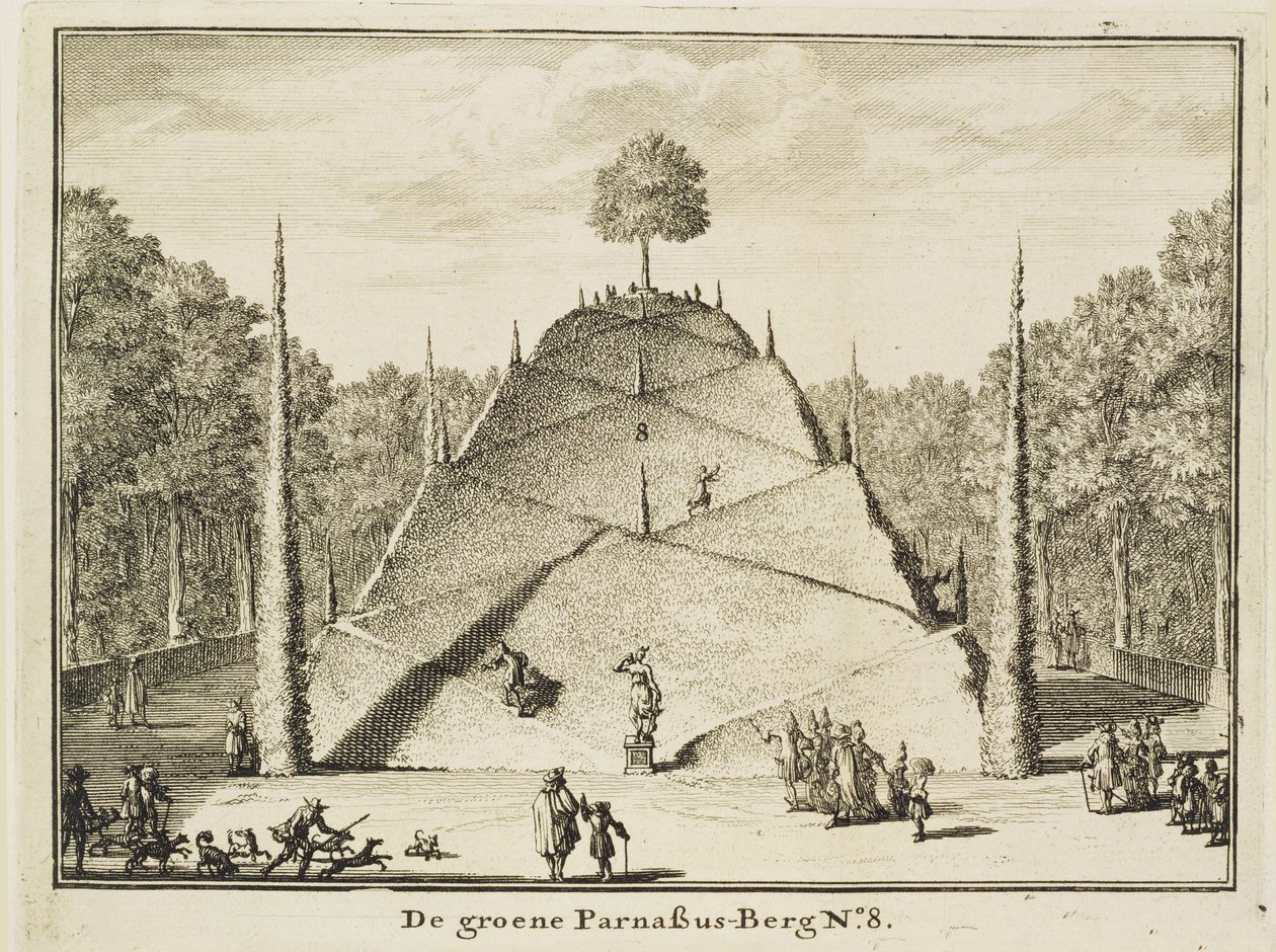 Mesterséges Parnasszus hegye, Johannes Van den Aveele (1727) metszete. alkotó: Nicolaes Jansz Visscher