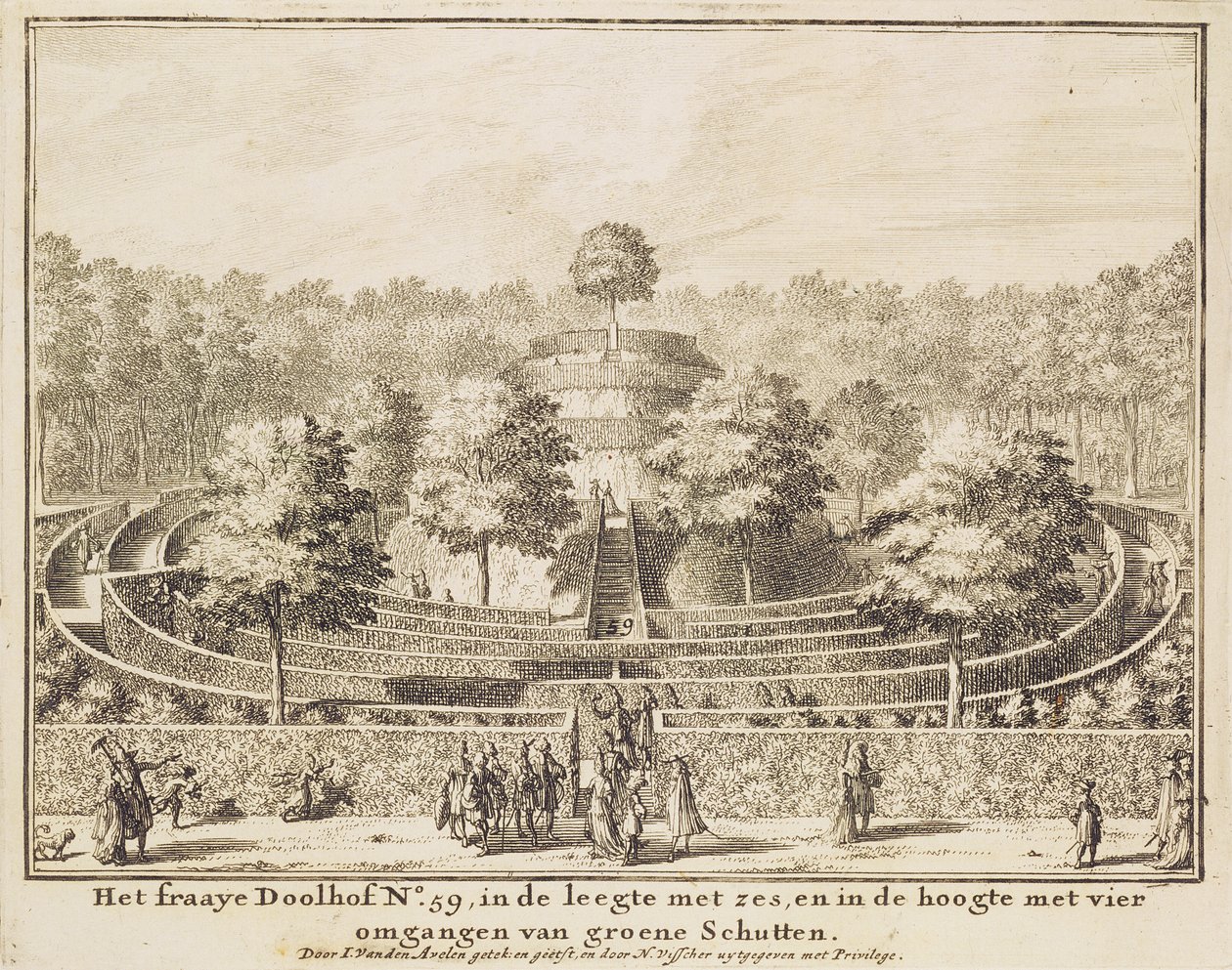 Topiary labirintus négy kijárattal és egy központi halom, vésette Johannes Van den Aveele († 1727) alkotó: Nicolaes Jansz Visscher