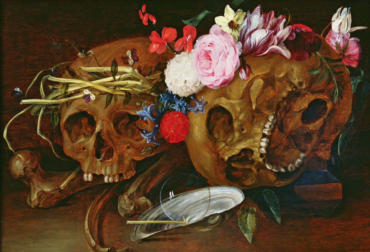 Vanitas csendélet koponyákkal, virágokkal, gyöngykagyló kagylóval, buborékkal és szalmával alkotó: Nicolaes van Veerendael