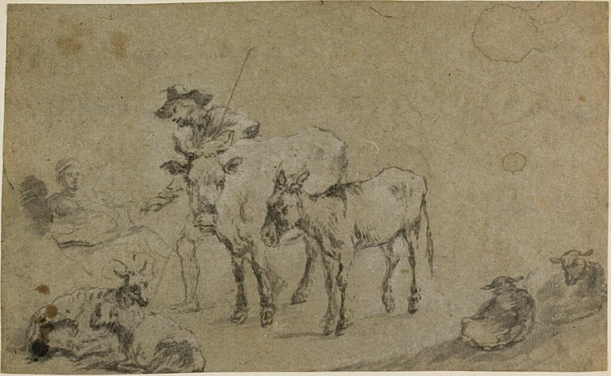 Pásztor tehénnel, szamárral, juhokkal alkotó: Nicolaes Berchem