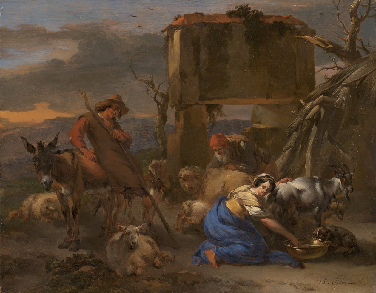 Pásztori jelenet egy kecskét fejő pásztorlánnyal, 166570. alkotó: Nicolaes Berchem
