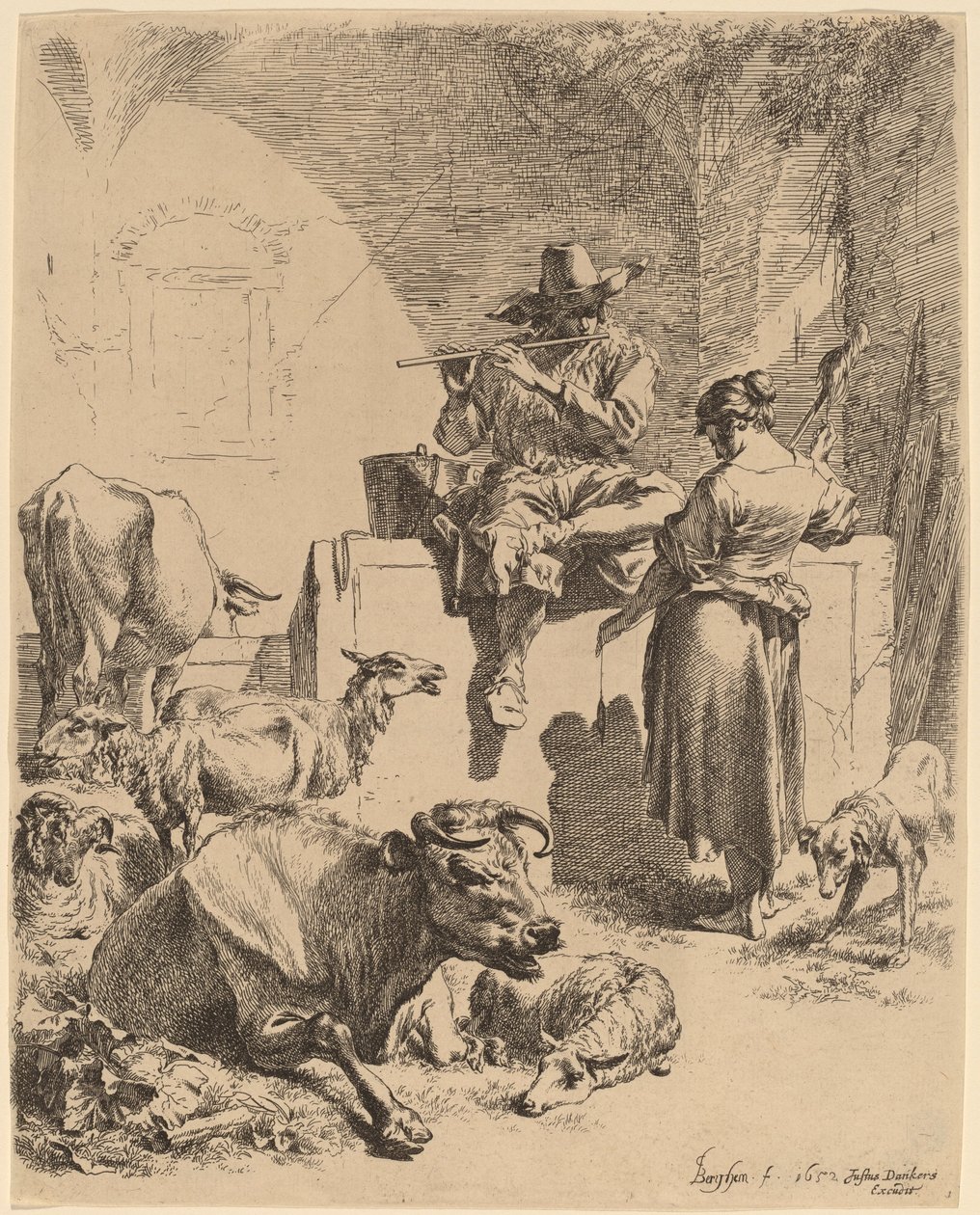A szökőkúton ülő pásztor és a fonó, 1652. alkotó: Nicolaes Berchem