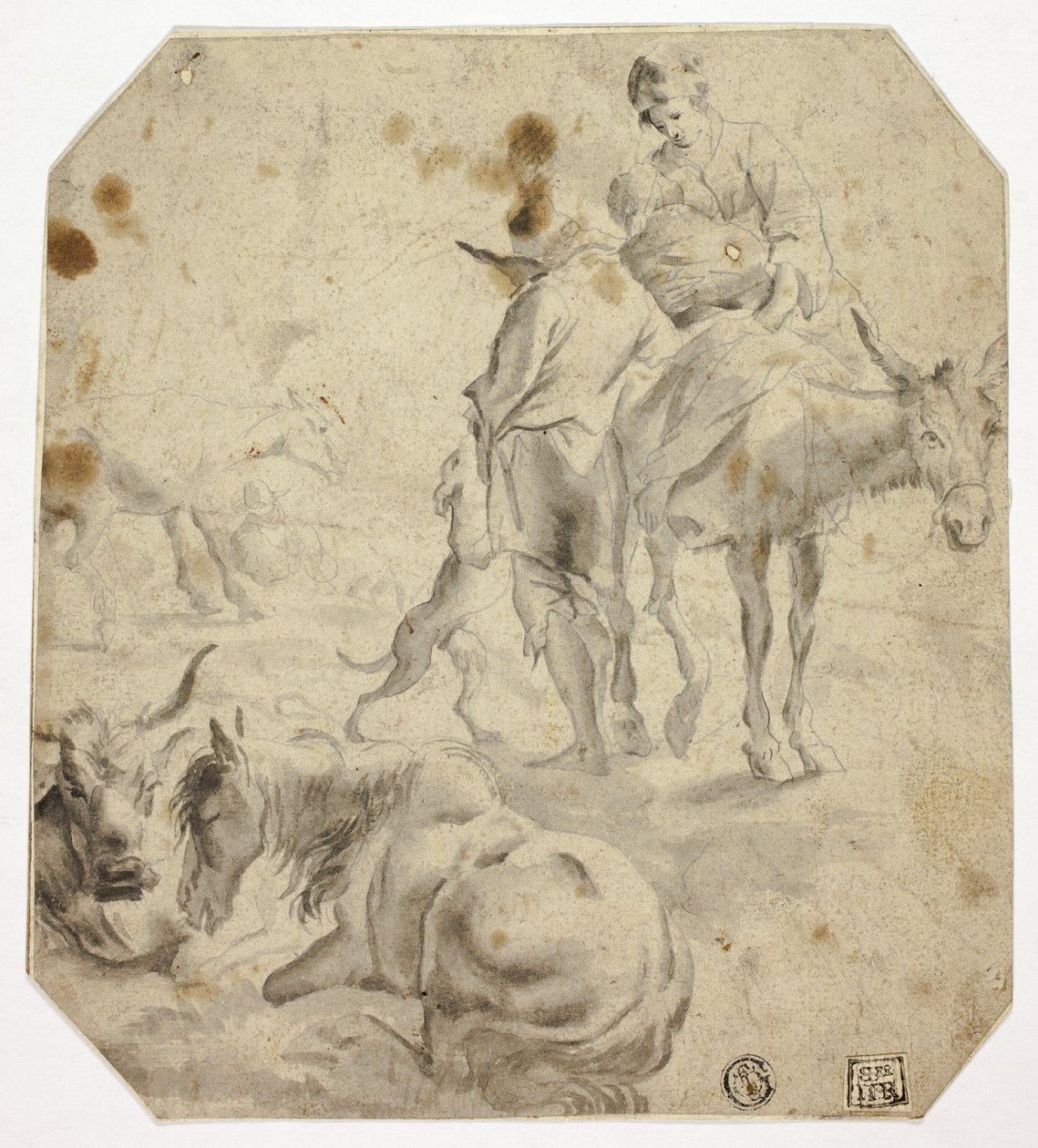 Nő és gyermek szamárral, férfi, kutyák, lovak, lovak alkotó: Nicolaes Berchem