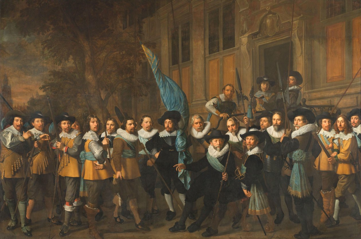 Amszterdam IV. kerületének tisztjei és más polgárőrei, Jan Claesz van Vlooswijck kapitány és Gerrit Hudde hadnagy parancsnoksága alatt alkotó: Nicolaes Eliasz Pickenoy