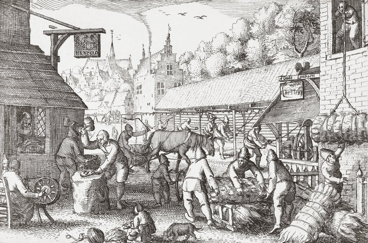 17. századi holland falusiak kötelet készítenek alkotó: Nicolaes Jansz Visscher