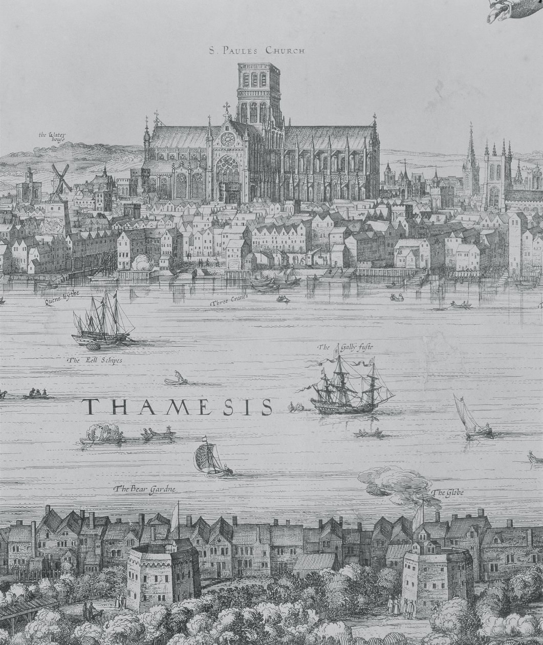 Panoráma Londonról és a Temzéről, részlet a második részből, amely bemutatja a Szent Pál-székesegyházat és a Globe Színházat, 1600 körül a 7214-es metszet részlete alkotó: Nicolaes Jansz Visscher