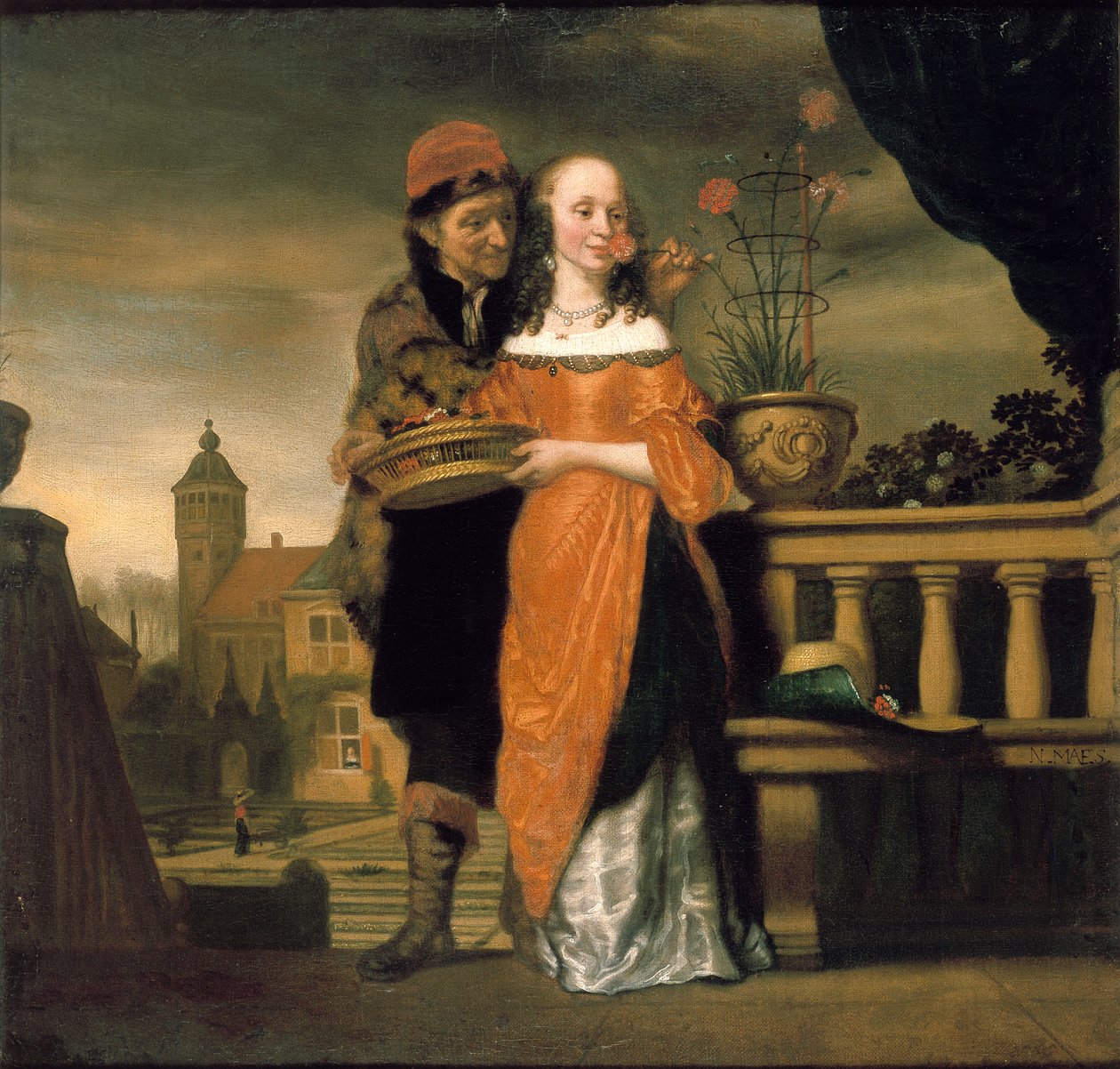 Egy férfi, aki szegfűt tart a nő orrához: A szaglás allegóriája, 1660 előtt alkotó: Nicolaes Maes