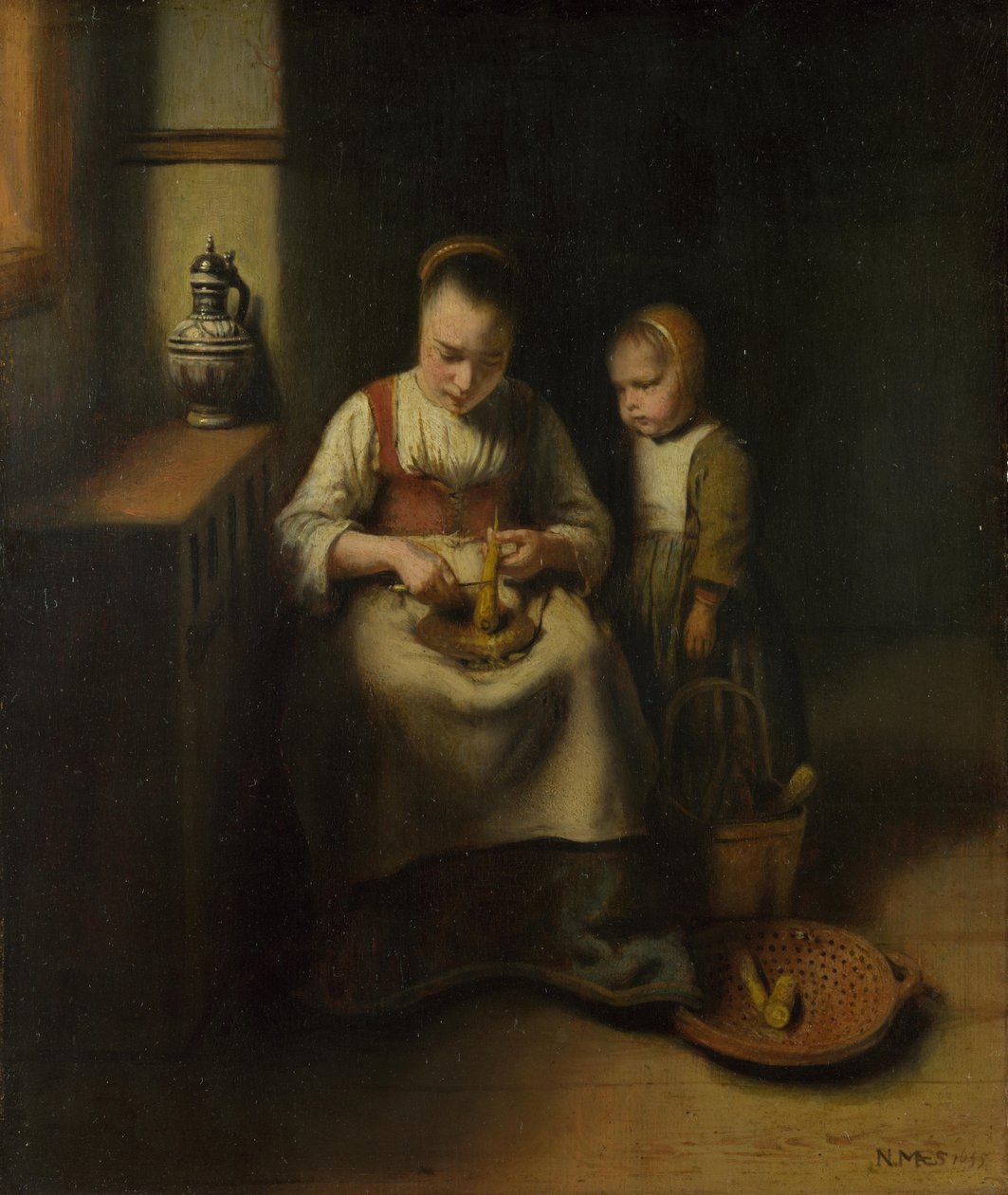 Egy nő paszternákot kapar, mellette egy gyerek, 1655 alkotó: Nicolaes Maes