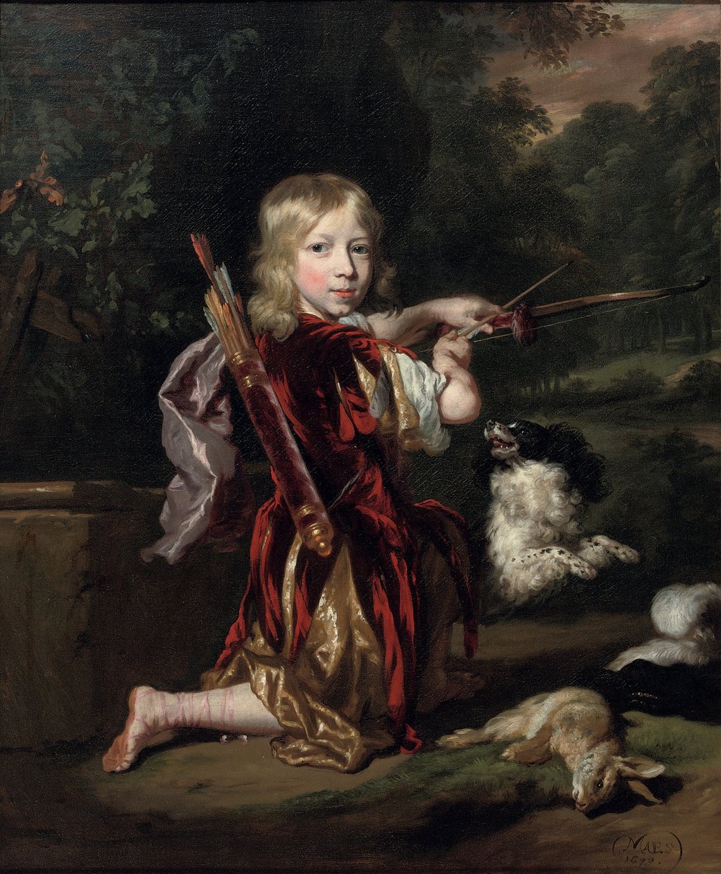 Holland: Portret van een onbekende jongen Egy fiú portréja, egész alakos, osztályos öltözetben, íjat húzva. alkotó: Nicolaes Maes