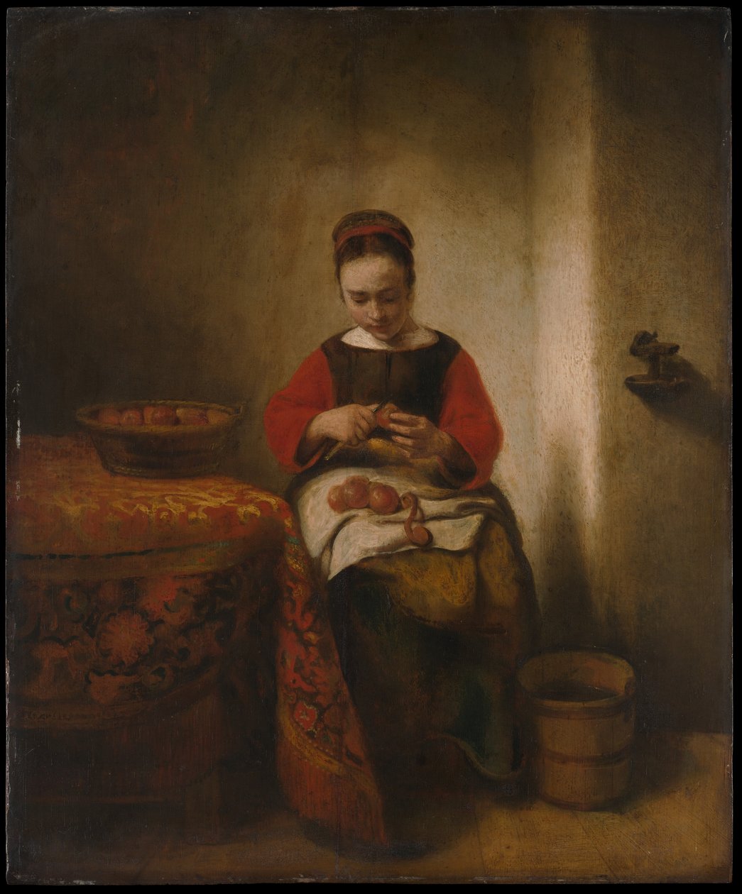 Fiatal nő hámozó alma alkotó: Nicolaes Maes