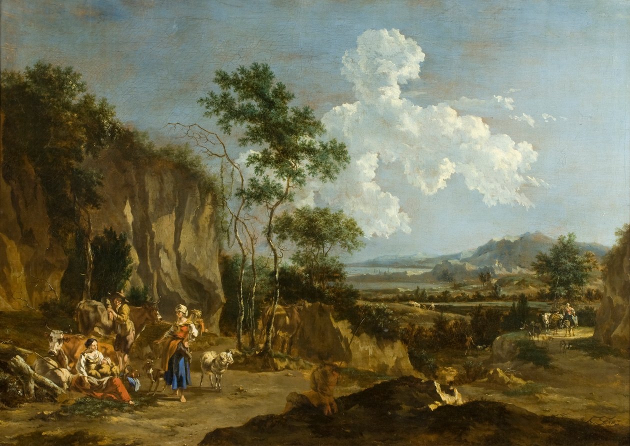Olasz táj (vagy munkás ebéd) alkotó: Nicolaes Pietersz (follower of) Berchem