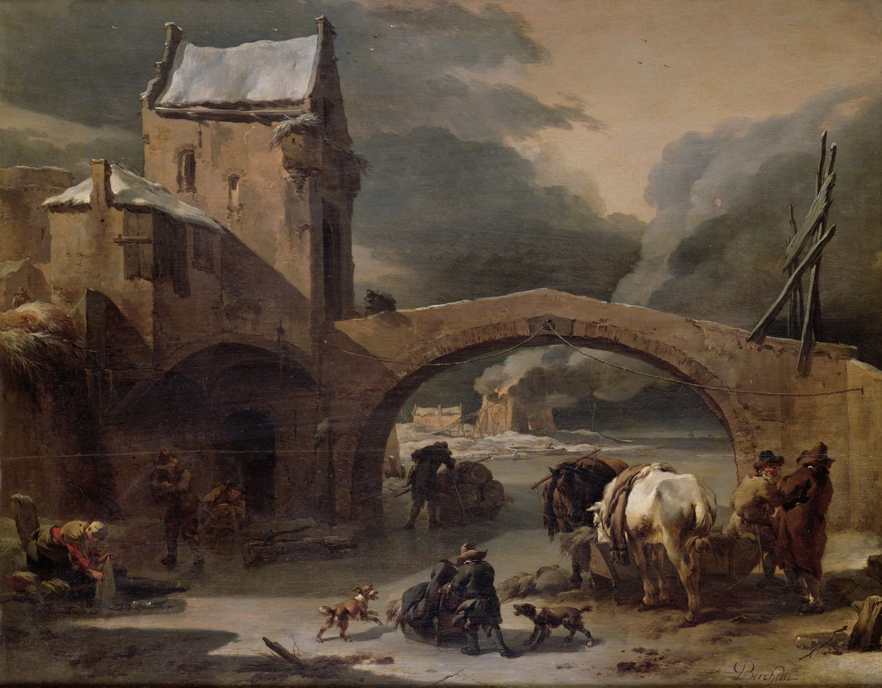 Téli táj parasztokkal és lovakkal a befagyott csatornán, egy erődhíd mellett, 1660-70 körül (olaj a táblán) alkotó: Nicolaes Pietersz. Berchem