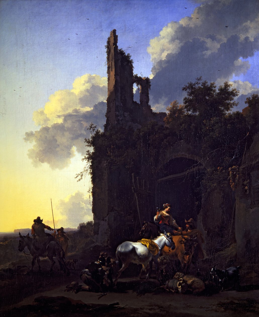Olaszos tájkép parasztokkal egy fogadó előtt alkotó: Nicolaes Pietersz. Berchem