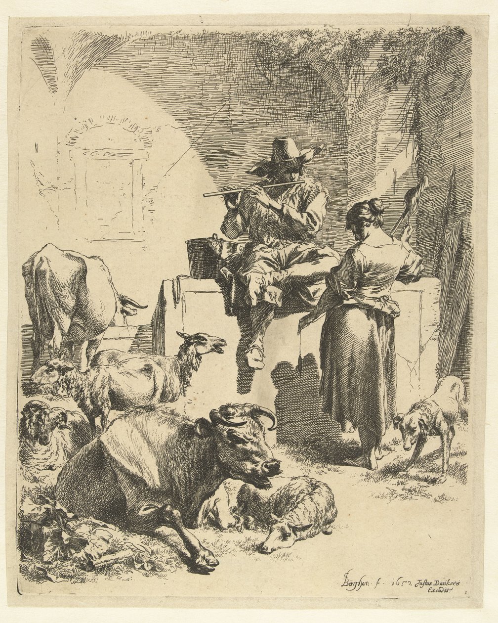 Furulyázó juhász és fonó alkotó: Nicolaes Pietersz Berchem