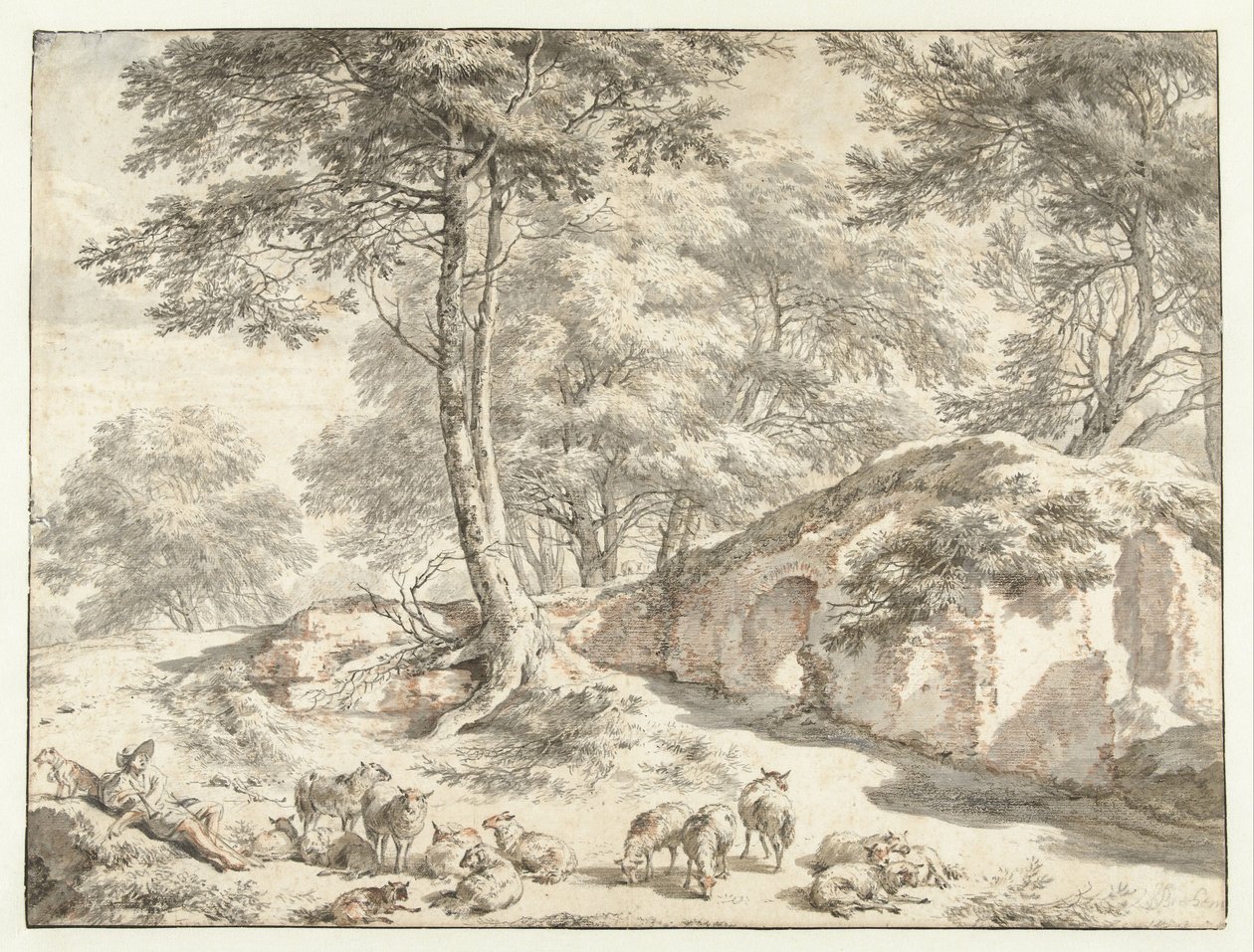 Pásztor juhokkal a fák közötti romnál alkotó: Nicolaes Pietersz Berchem