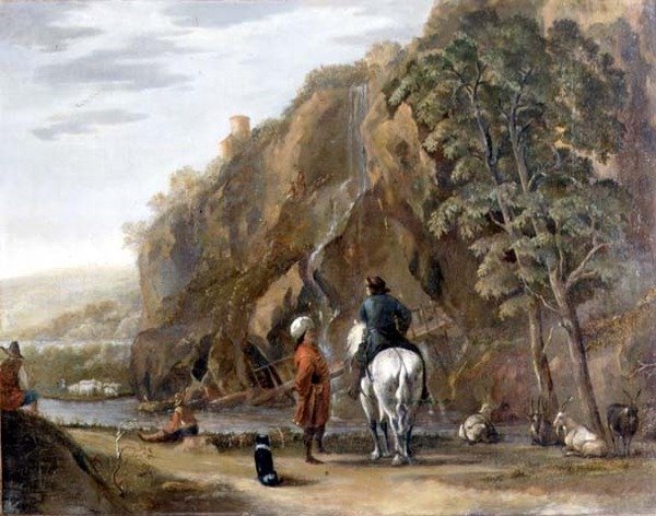 Olaszos tájkép alakokkal és lóval egy úton alkotó: Nicolaes Pietersz. Berchem