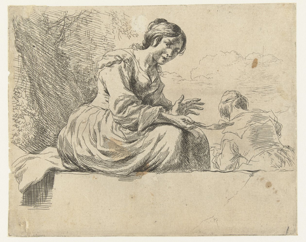 Fiatal nő ül egy kövön Juh (sorozat címe) Animalia ad vivum delineata et aqua forti aeri impressa Studio et Arte Nicolai Berchemi (sorozat címe) alkotó: Nicolaes Pietersz Berchem