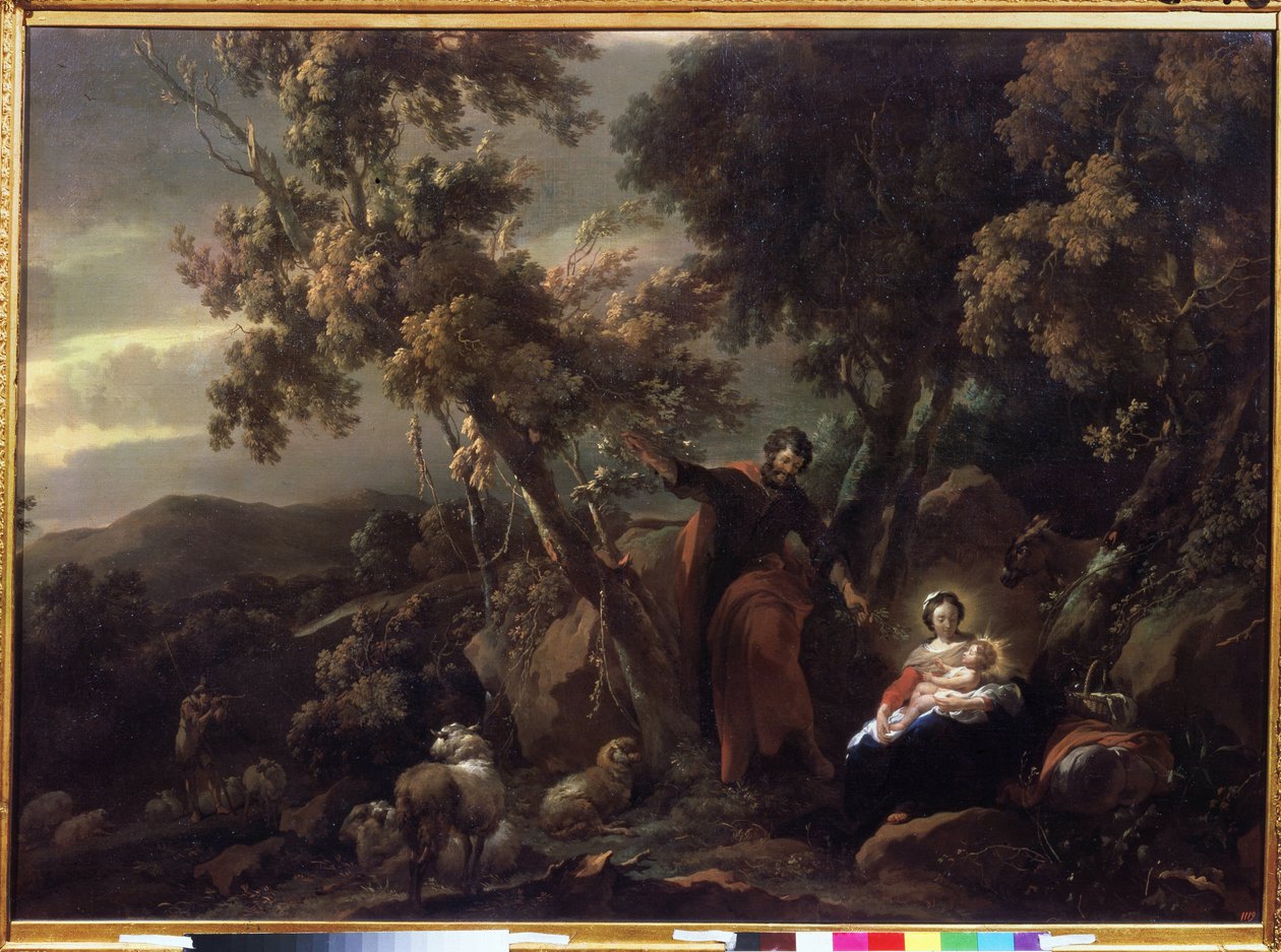 ""Rest on the Flight into Egypt"" (Rest on the Flight into Egypt) Nicolaes Pietersz Berchem (vagy Berghem) festménye (1620-1683) 17. századi Puskin Múzeum Moszkva alkotó: Nicolaes Pietersz. Berchem