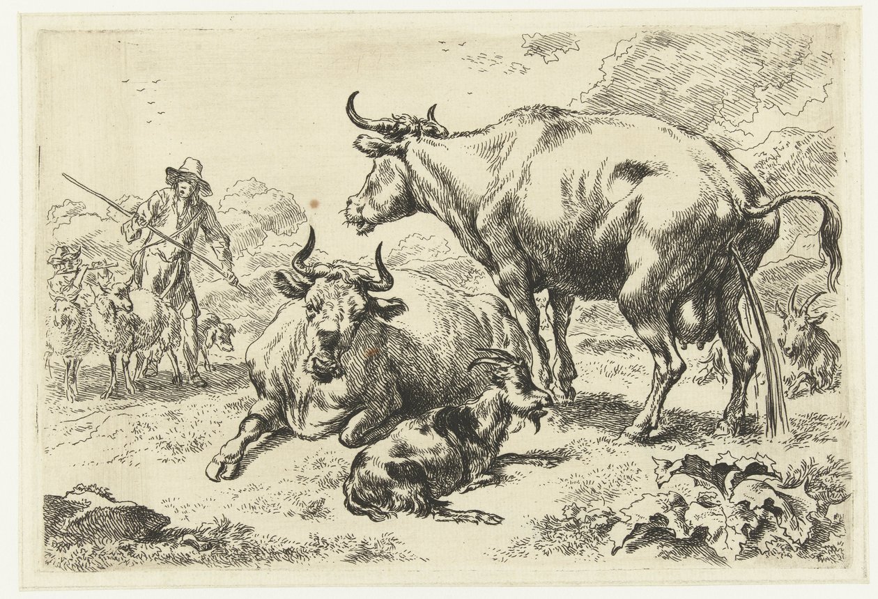 Hazudik és egy pisizó tehén Állatok (sorozat címe) alkotó: Nicolaes Pietersz Berchem