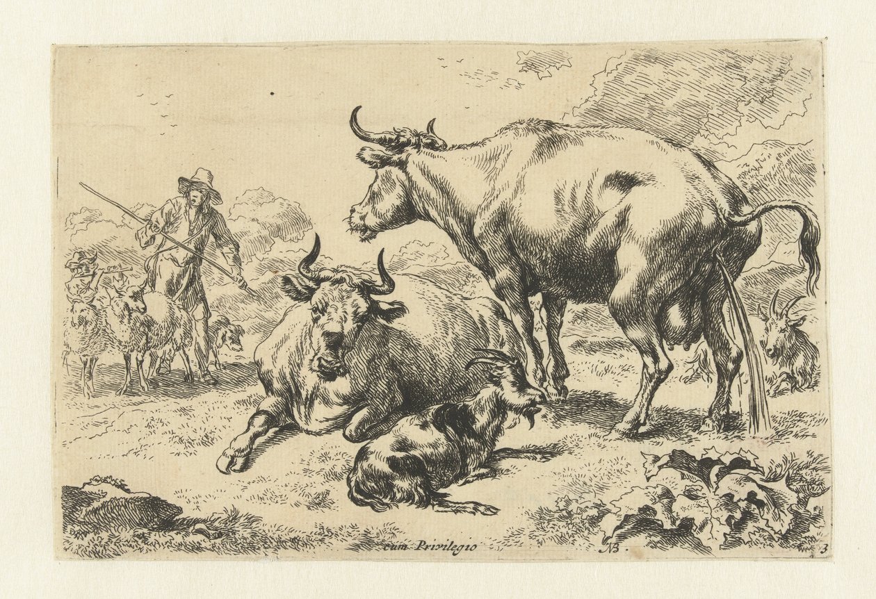 Hazudik és egy pisizó tehén Állatok (sorozat címe) alkotó: Nicolaes Pietersz Berchem