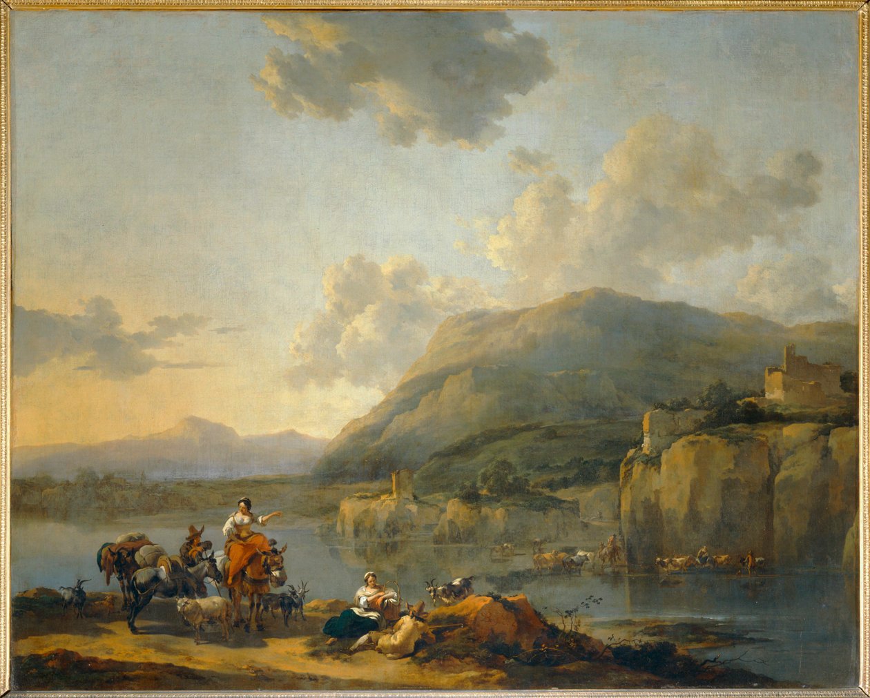 Öszvérhajtó egy gázló mellett - Egy női öszvérhajtó elhalad egy gázló mellett ... alkotó: Nicolaes Pietersz. Berchem