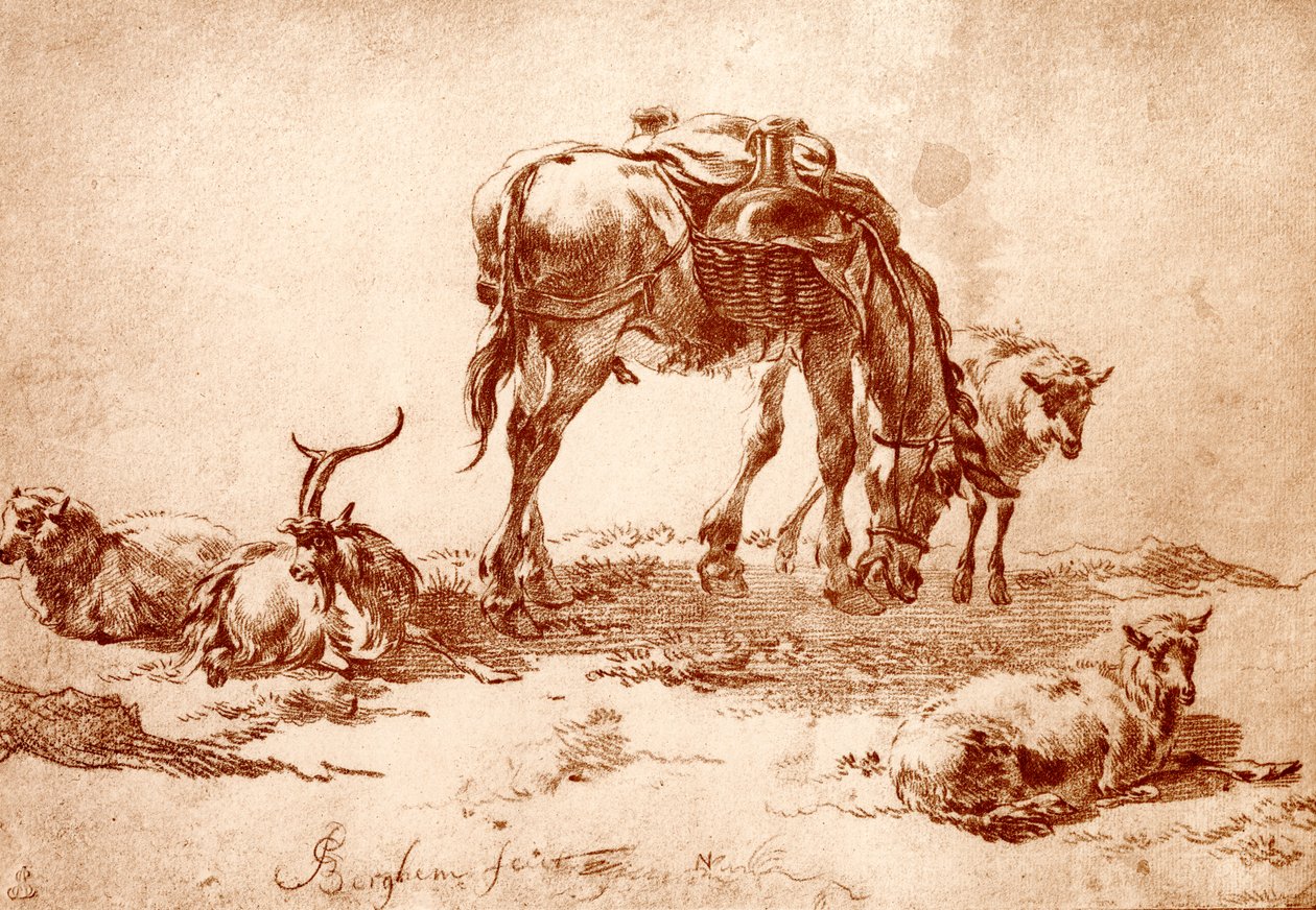 Legelő szamárral, kecskével és juhokkal alkotó: Nicolaes Pietersz. Berchem